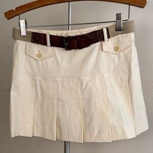 Theory Cream Pleated Mini Skirt with Dark Brown Leather Belt